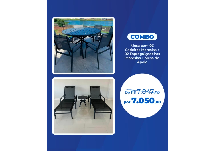 Combo - Conjunto com Seis Cadeiras Maresias + 02 Espreguiçadeiras Maresias + Mesa de Apoio 