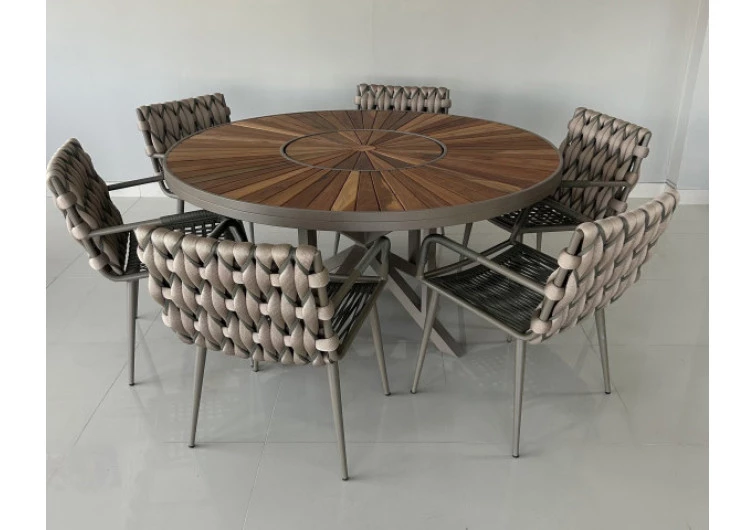 Mesa em Madeira Cumaru Ripado com Centro Giratório com Seis Cadeiras Paris - Conjunto Paris