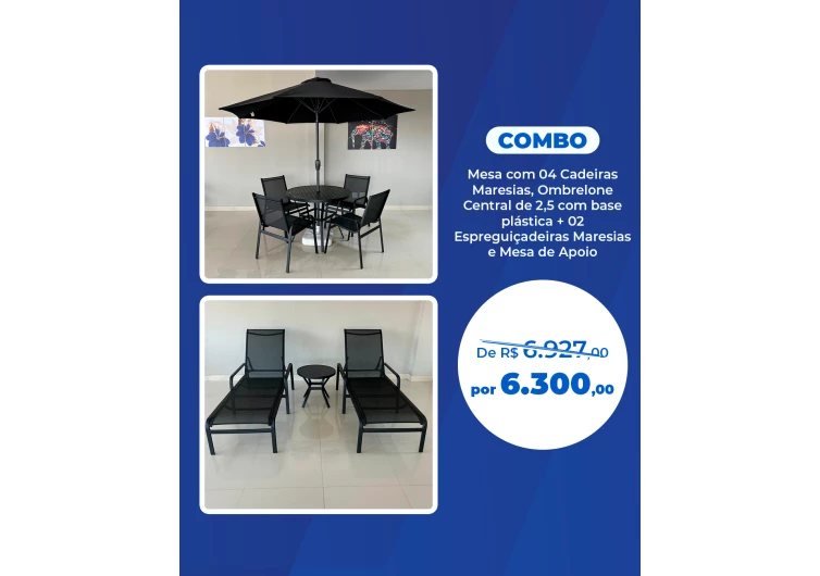 Combo - Conjunto com Quatro Cadeiras Maresias e Ombrelone Central + 02 Espreguiçadeiras Maresias + Mesa de Apoio 