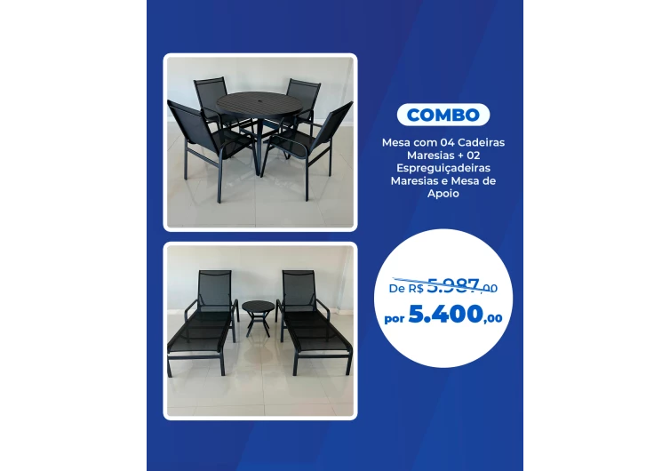Combo - Conjunto com Quatro Cadeiras Maresias + 02 Espreguiçadeiras Maresias + Mesa de Apoio 