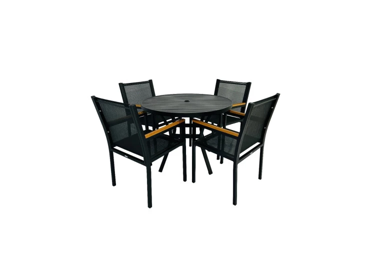 Mesa de 1,0m de diâmetro com Tampo em Aluminio Ripado com Quatro Cadeiras Moçambique - Conjunto Moçambique 