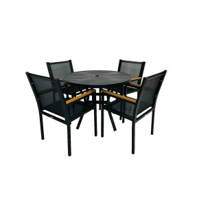 Mesa de 1,0m de diâmetro com Tampo em Aluminio Ripado com Quatro Cadeiras Moçambique - Conjunto Moçambique 