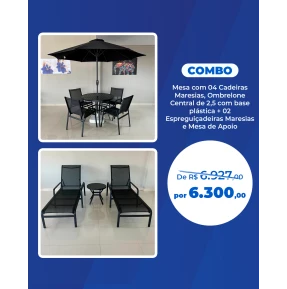 Combo - Conjunto com Quatro Cadeiras Maresias e Ombrelone Central + 02 Espreguiçadeiras Maresias + Mesa de Apoio 
